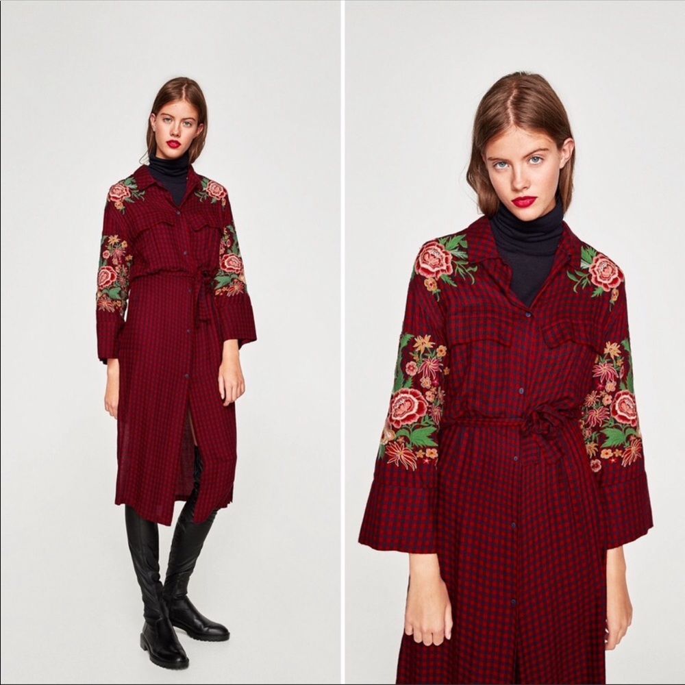 ZARA Plaid Embroidered Button Down Kimono Dress